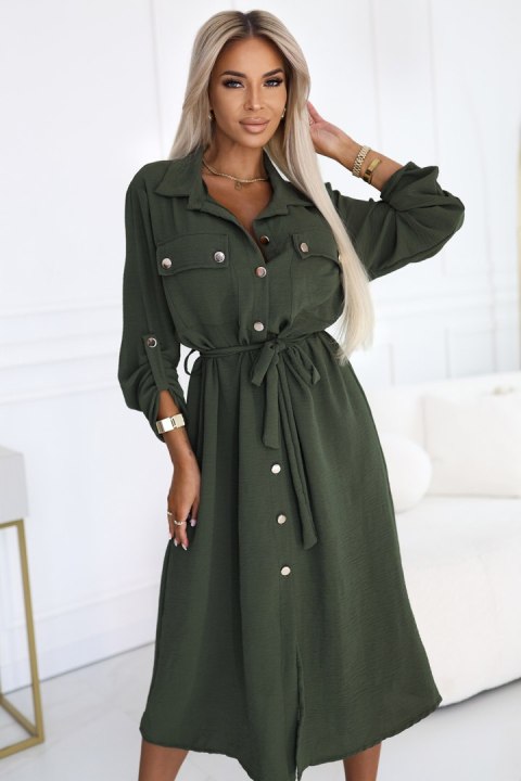 531-5 Szmizjerka midi ze złotymi guzikami i wiązaniem - KHAKI 531-5 Szmizjerka midi ze złotymi guzikami i wiązaniem - KHAKI