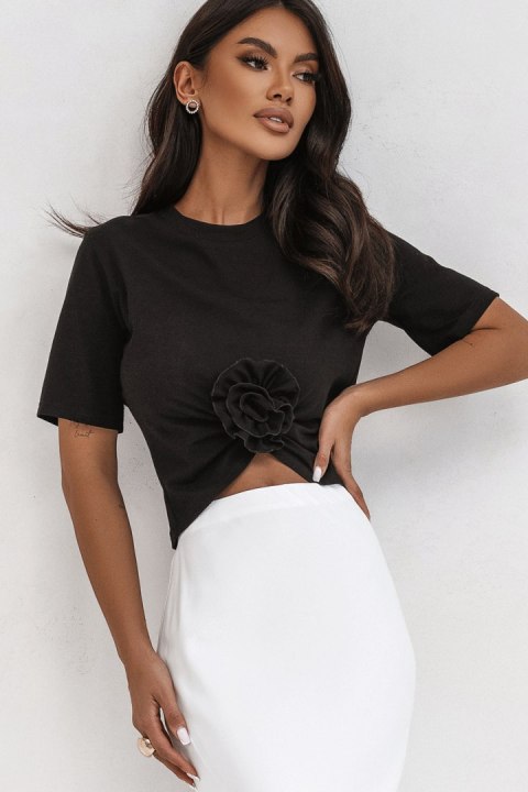 Czarny t-shirt Elvie z marszczeniem i różą Czarny t-shirt Elvie z marszczeniem i różą