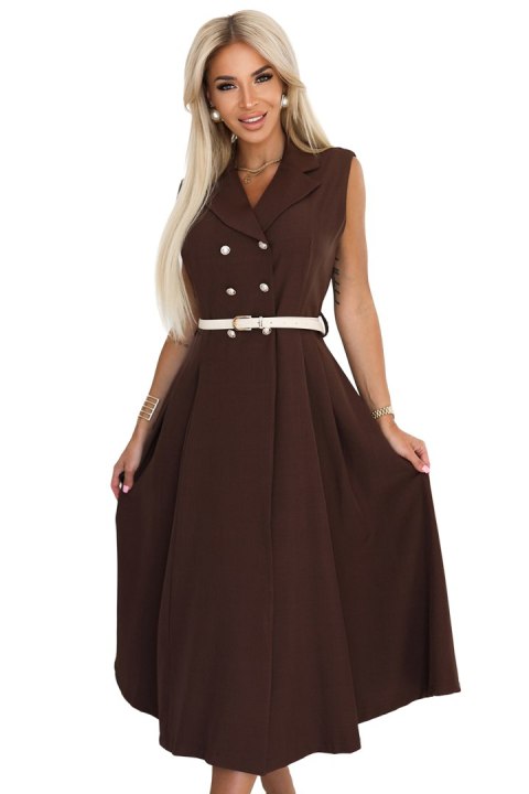 596-4 Elegancka szmizjerka midi ze złotymi guzikami i paskiem - CZEKOLADOWA